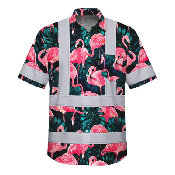 Hi Vis Hawaiian Shirt Reflective Tapes Hawaii Flamingo Custom Name Safety Workwear For Workers, Truckers, Operators