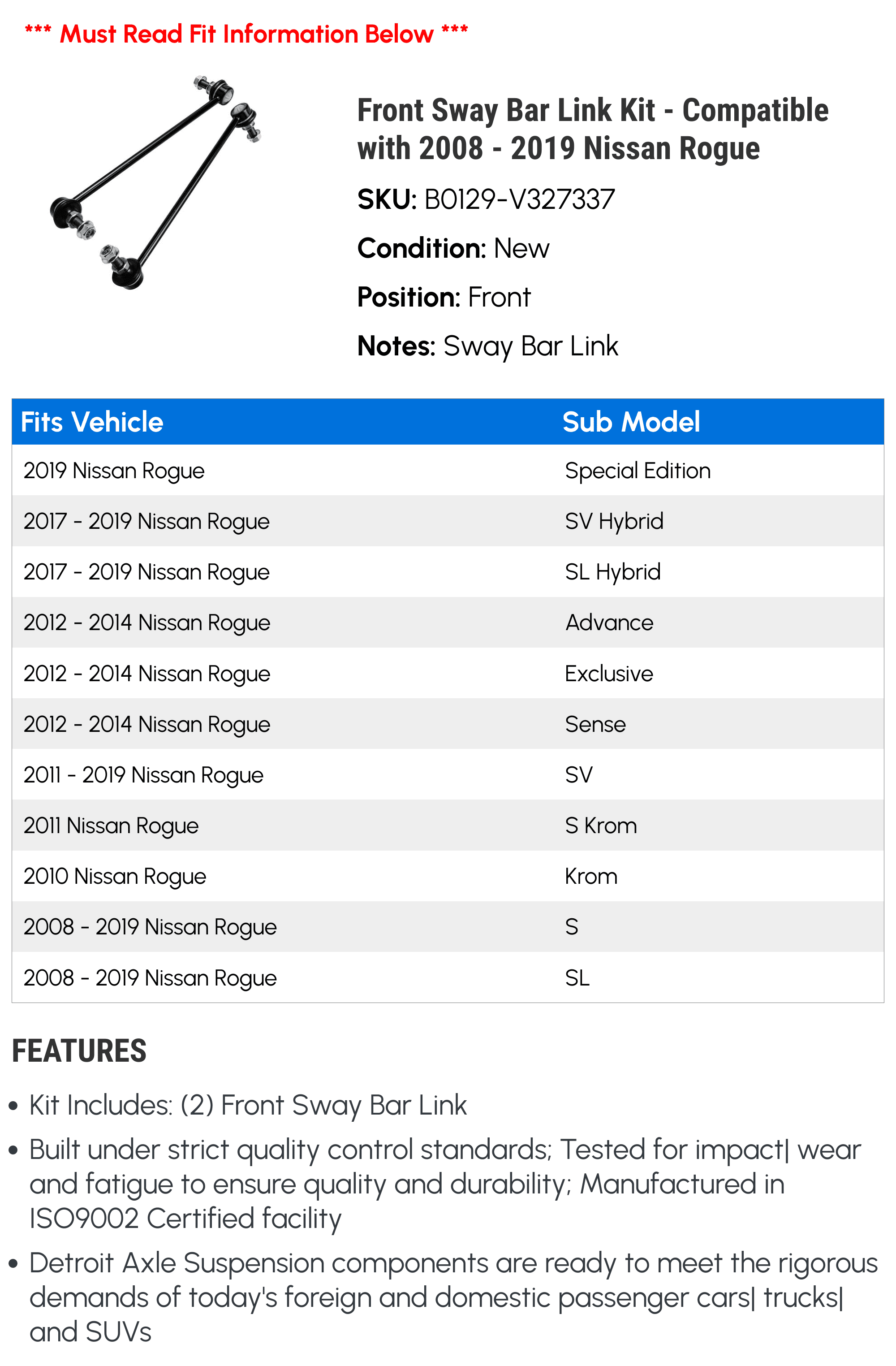Front Sway Bar Link Kit - Compatible with 2008 - 2019 Nissan Rogue 2009 2010 2011 2012 2013 2014 2015 2016 2017 2018
