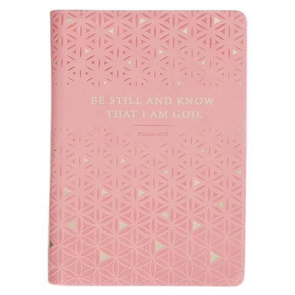 Christian Art Gifts Inspirational Zippered Journal, Be Still and Know Wide Ruled Notebook, Psalm 46:10 Bible Verse, Pink Vegan Leather Floral, 336 Lined Pages w/scripture, (9” x 6.4” x .9”)