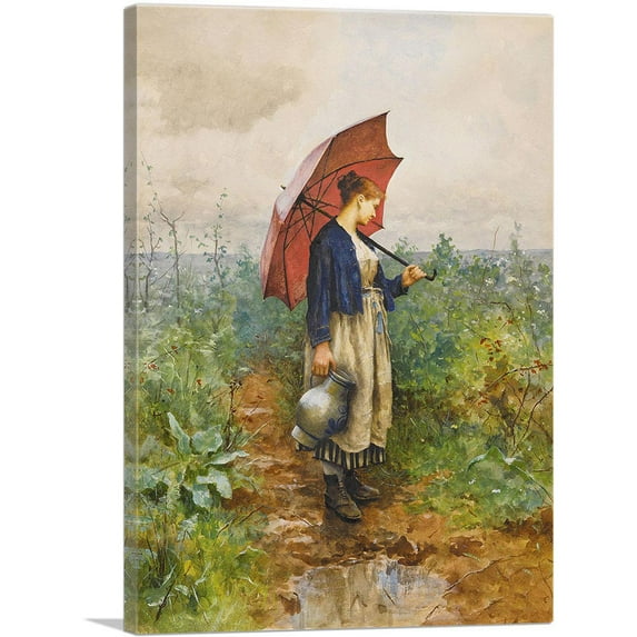ARTCANVAS Portrait Woman With Umbrella Gathering Water 1882 Canvas Art Print by Daniel Ridgway Knight - Size: 26" x 18" (1.50" Deep)