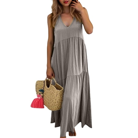 DGMIOCS Women s Long Bohemian Style Sleeveless V Neck Beach Maxi Dress in Solid Color for Everyday Outdoor and Summer Leisure Light Gray XXL