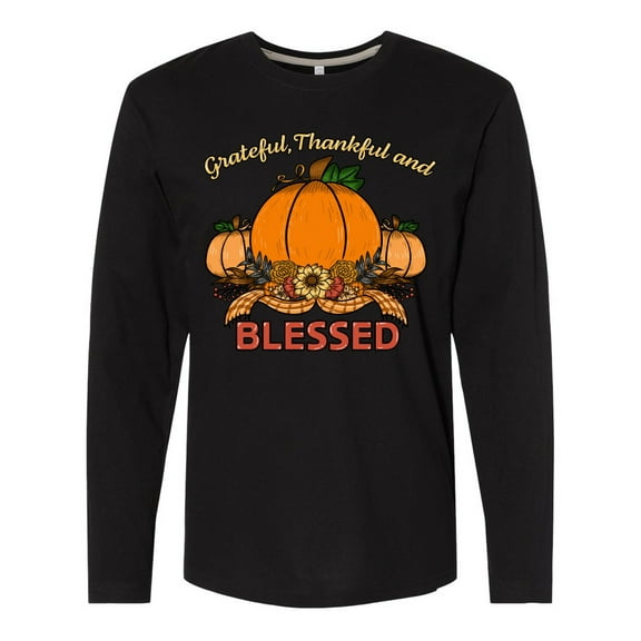 Inktastic Thankful Grateful and Blessed Pumpkins and Sunflower Long Sleeve T-Shirt