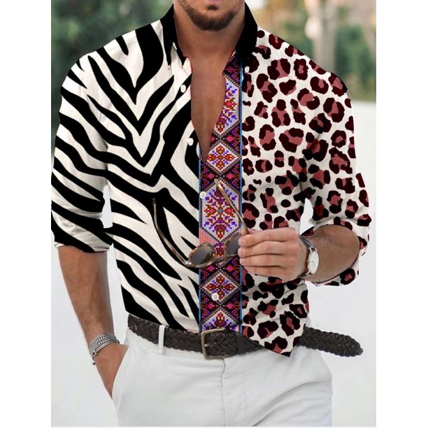 Camisa con estampado 3D de leopardo para hombre , camisa para hombre, camisa de manga larga con botones negros para uso diario, para vacaciones, moda informal, transpirable