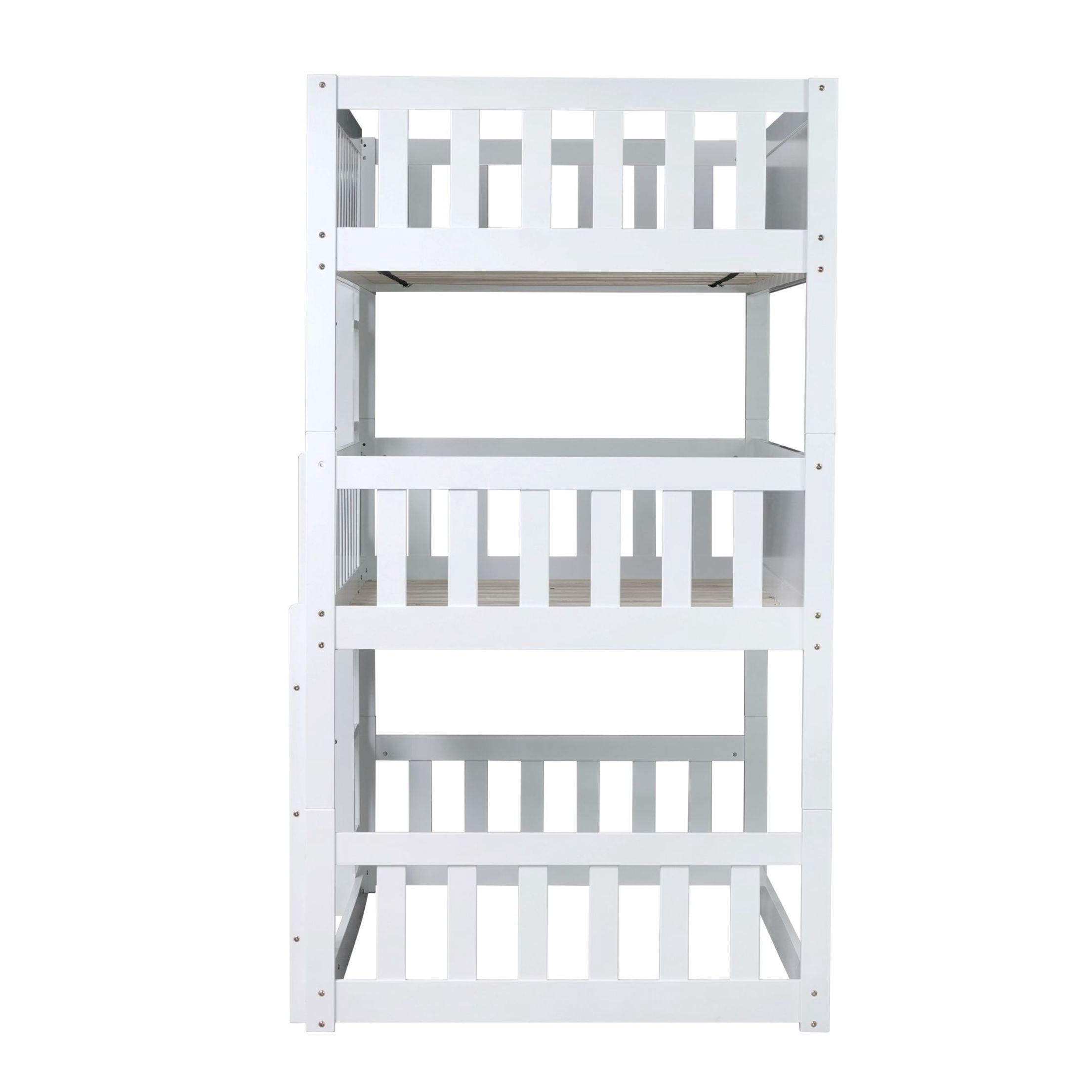 Noble House Lydia Triple Rubber Wood Bunk Bed, Convertible Twin over Twin over Twin with Guardrails and Ladders, White