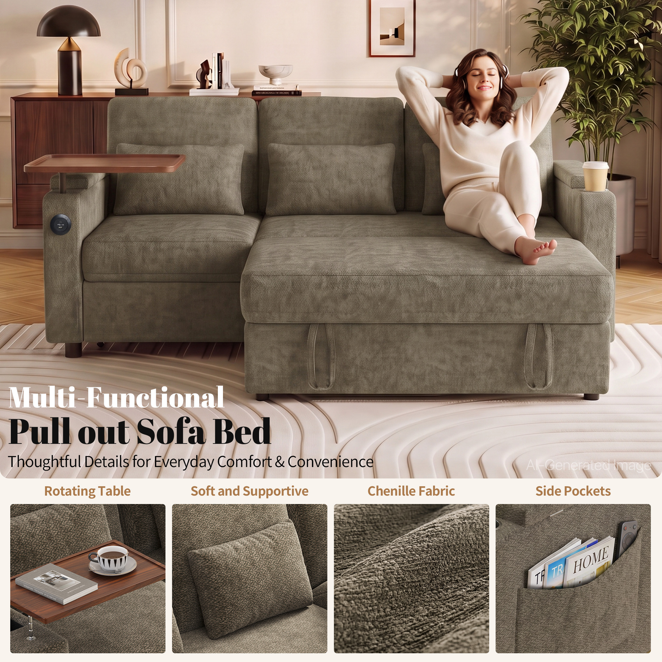 Aenkyo 81" 3-in-1 Convertible Sleeper Sofa with Pull Out Bed and Recliner, Adjustable Backrest, Khaki