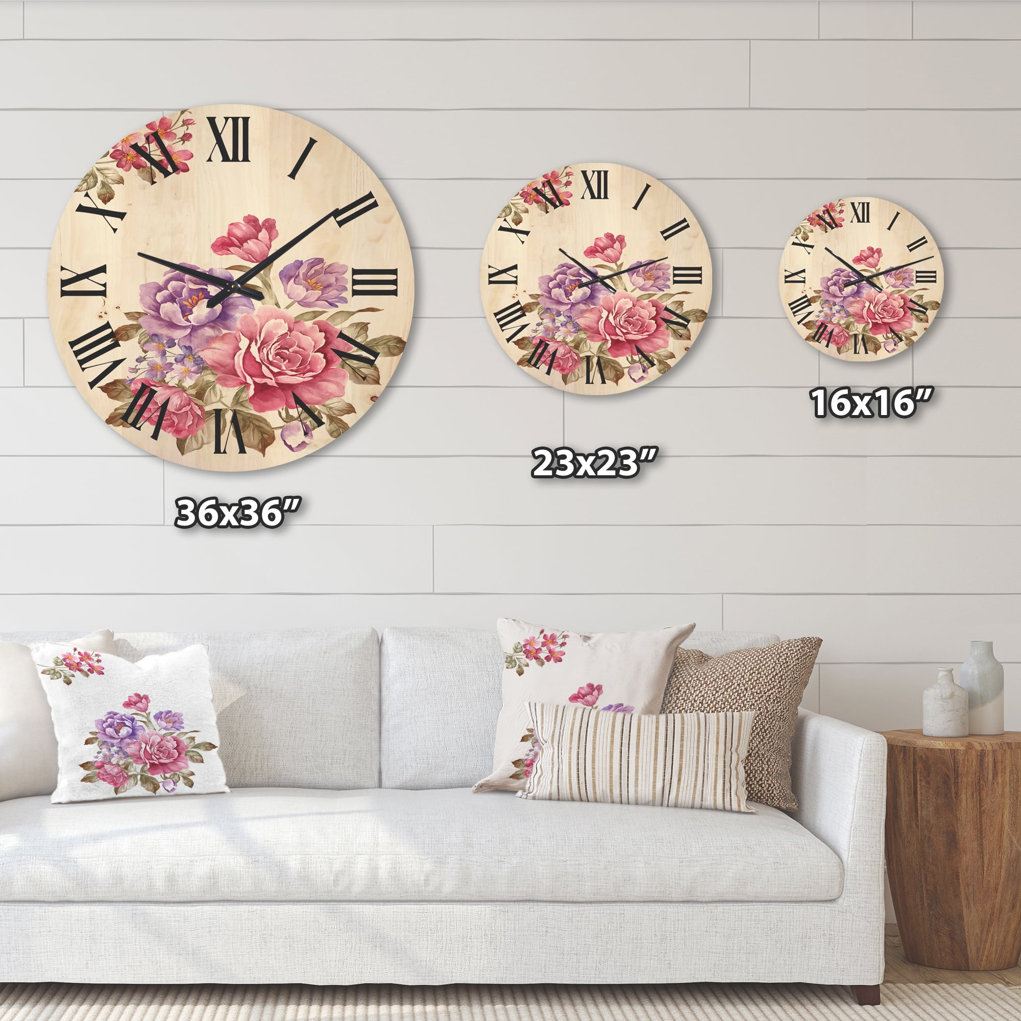 Designart 'Bouquet of Purple and Pink Flowers I' Farmhouse Wood Wall Clock