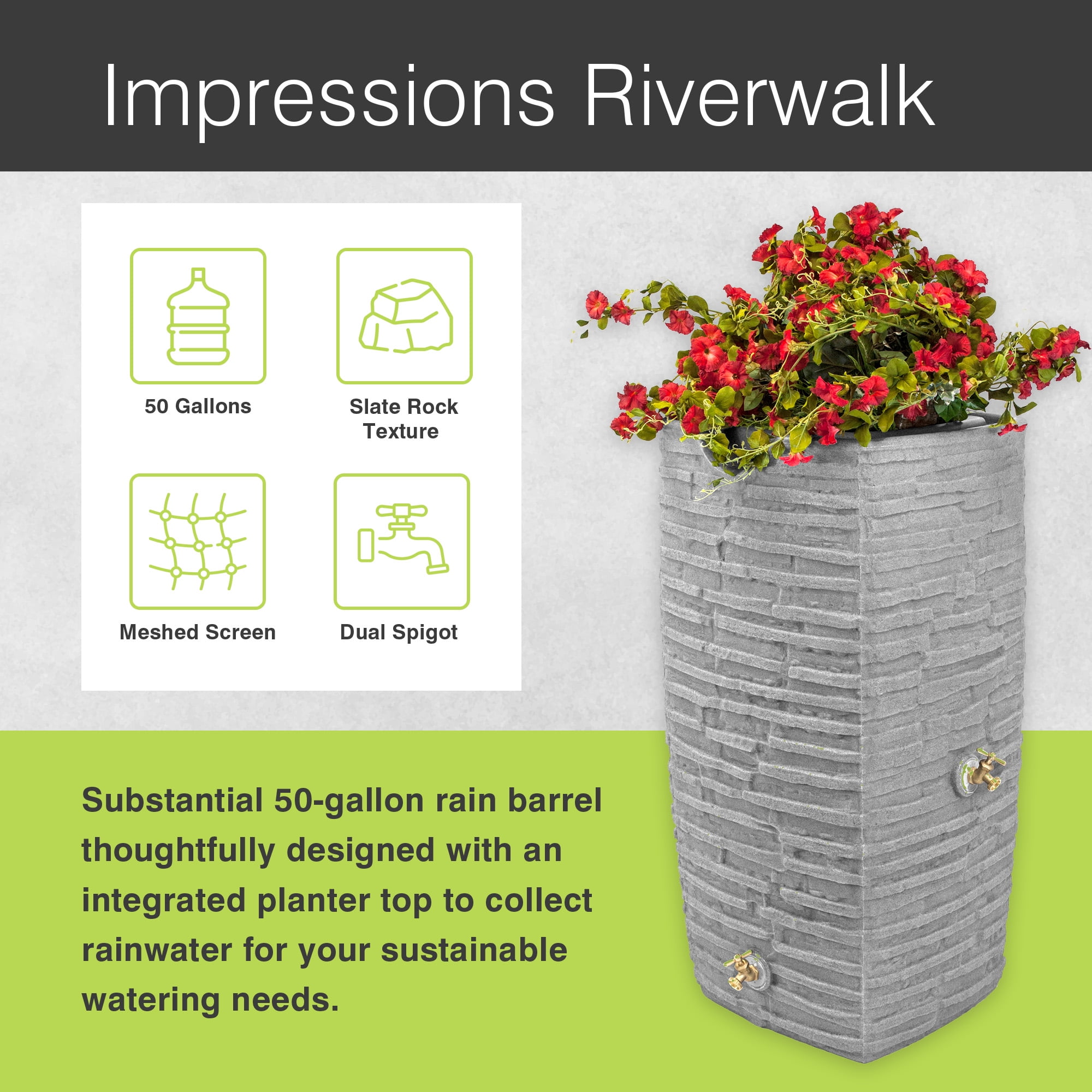 Good Ideas Impressions Riverwalk 50 Gal Rain Saver w/Spigots, Light Granite