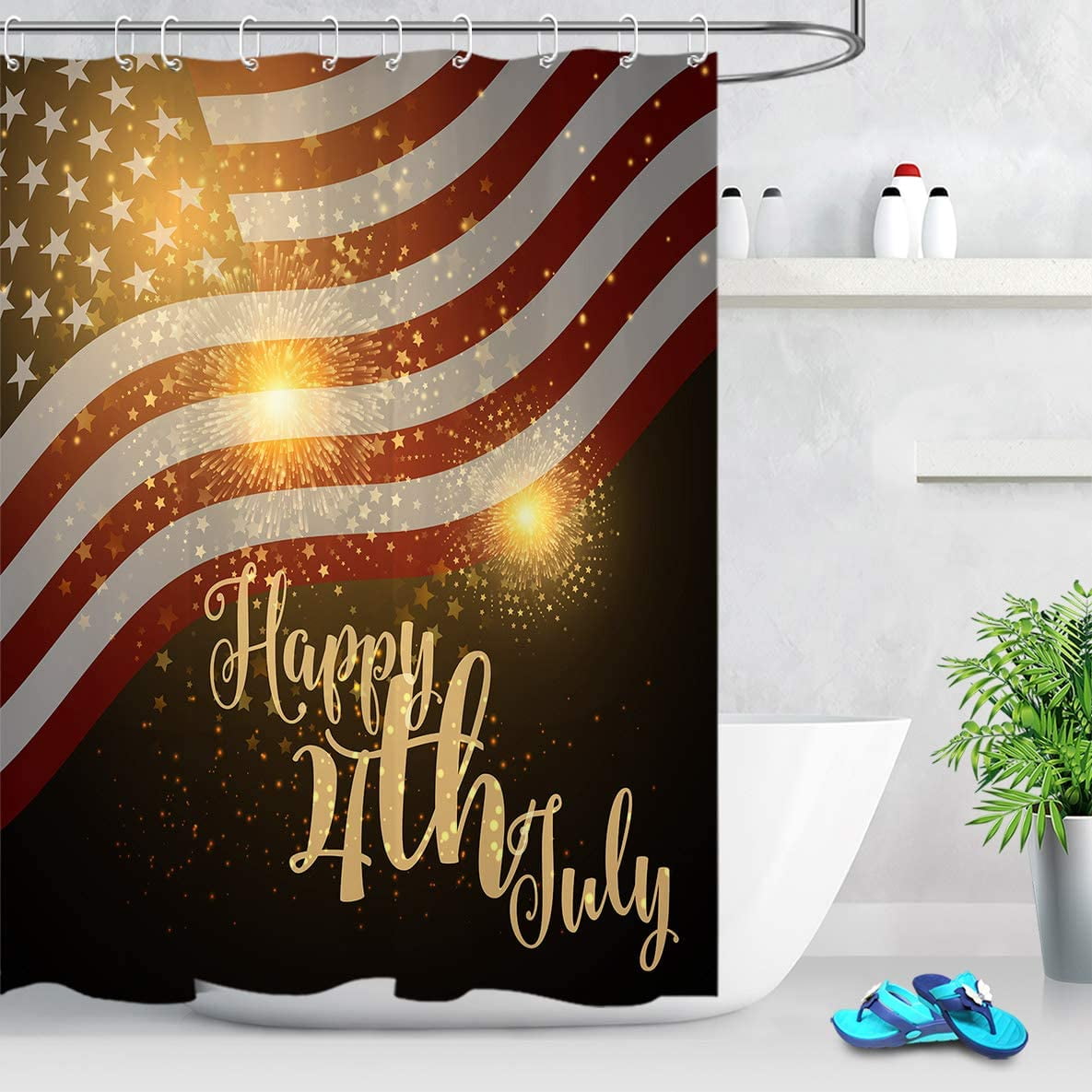 Happy 4th July Shower Curtain Independence Day American Flag with Fireworks Patriotic 
