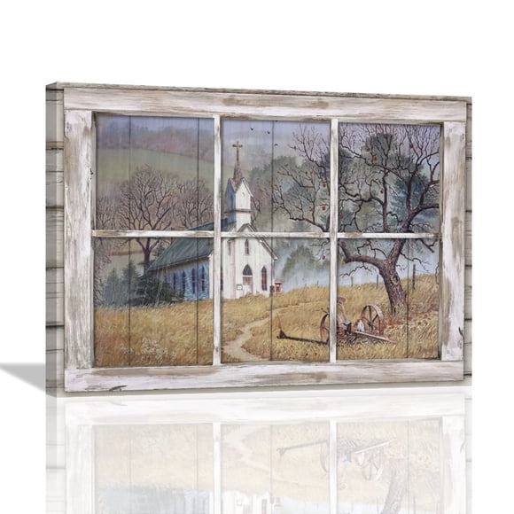 Country Church Wall Art Christian Church Pictures Wall Decor 3D Window Church Canvas Painting Print Rustic Religion Faith Farmhouse Home Decor Artworks Framed for Living Room Bedroom Office 16"x12"