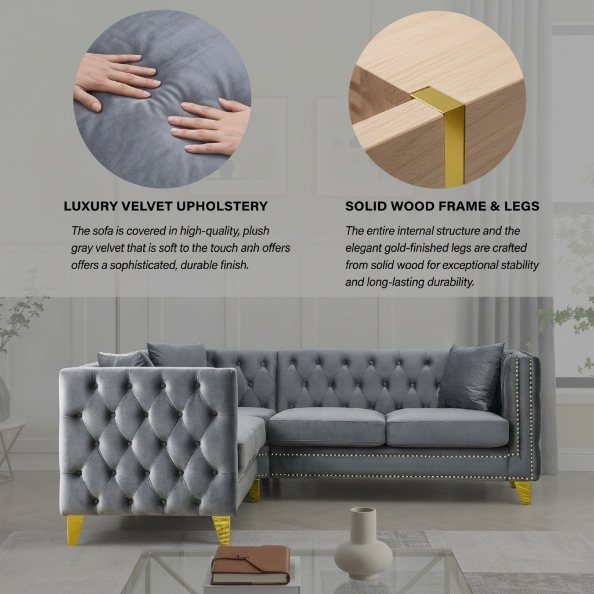 Sailvan 82.2" Velvet L-Shaped Sectional Sofa, Classic Chesterfield Corner Couch with Nailhead Trim and Button Tufting for Living Room, Beige Gray