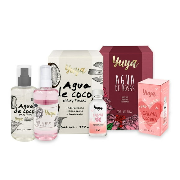 Yuya - Agua de Coco hidratante enriquecido con aloe vera y ginseng, 110 ml + Agua de rosas piel luminosa, 110 ml+Calma todo bien