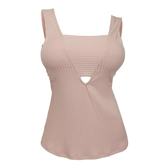 eVogues Plus Size Ribbed Deep V Cut-Out Tank Top Pink