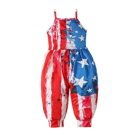 

Toddler Baby Girls Jumpsuit Independence Day Pattern Strap Sleeveless Romper with Pockets Haren Pants Summer Casual One Piece Outfits