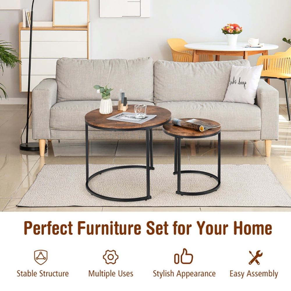 Finihen Round Nesting Coffee Table, Modern Nesting Side Set, Set of 2 Modern Round Stacking Nesting Coffee Tables, for Living Room, Reception Room, Brown Finihen Round Nesting Coffee Table, Modern Nesting Side Set, Set of 2 Modern Round Stacking Nesting Coffee Tables, for Living Room, Reception Room, Brown