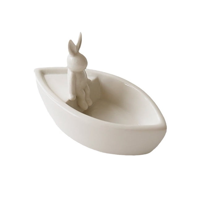 Meitianfacai Ceramic Bunny Candle Holder, Boat-Shaped Aromatherapy Tray with Cute Rabbit Design for Home and Office Decor, Minimalist Tabletop Display