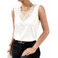 thumbnail image 3 of Women's Satin Contrast Lace V Neck Sleeveless Blouse Appliques Summer Tank Tops White S, 3 of 7
