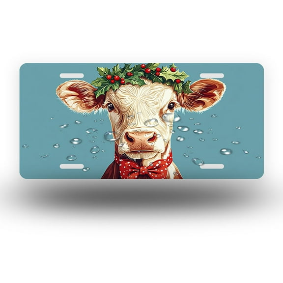 Cow with Holly Wreath and Bow Tie Front License Plate,Metal License Plate,Funny Standard Plates Personalized Novelty Decorative For Men/Women/Boys/Girls Car 6×12 Inch