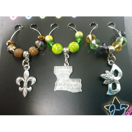 Louisiana Mask New Orleans Fleur De Lis Theme Set of 3 Wine Drink Marker Charms Glass and Silver