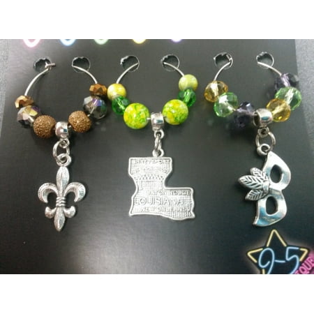 Fleur De Lis Etched Glass - Louisiana Mask New Orleans Fleur De Lis Theme Set of 3 Wine Drink Marker Charms Glass and Silver WG6