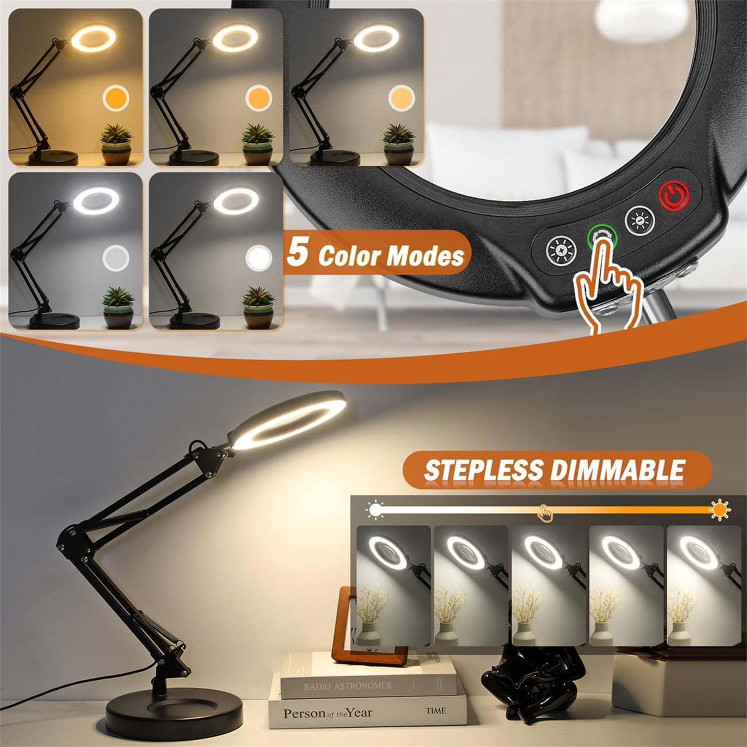 Magnifying Glass with Light, 5 Color Modes Stepless Dimmable 2 in 1 Desk Lamp and Clamp, LED Lighted Magnifier with Light and Stand, Hands Free for Craft Repair Hobby Painting Close Work