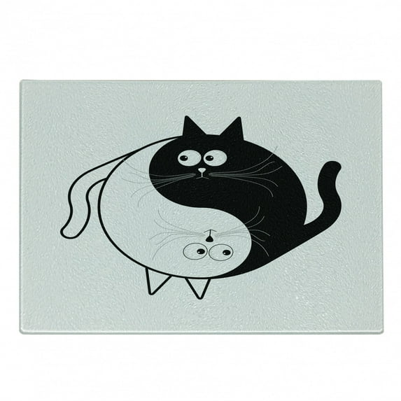 Ying Yang Cutting Board, Cats Cuddle Hugging Unity Ying Yang Sign Cartoon Animals Feng Shui, Decorative Tempered Glass Cutting and Serving Board, Small Size, Black White, by Ambesonne