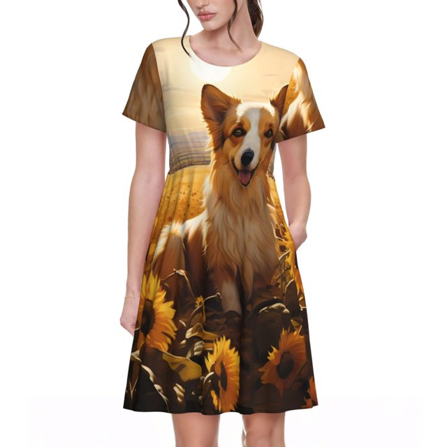 Balery Pastoral Sunflower Corgi Vestidos sueltos de manga corta para mujer, vestidos de verano 2025, vestidos casuales de corte A con vuelo.