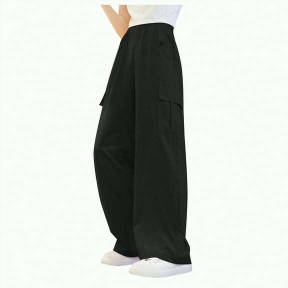 Leey-World Girls Cute Wide Leg Flared Jeans Kids Oversized Elastic Waist Paper Bag Pants with Pockets 5-14 Years Leggings for Girls(Black,130)