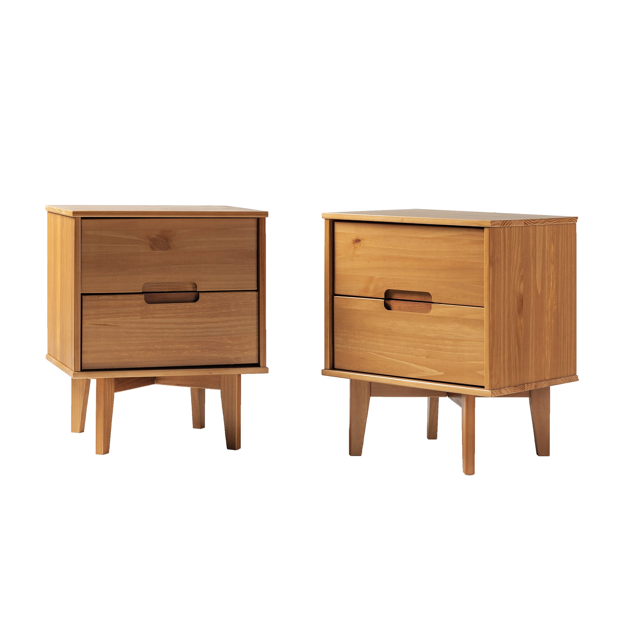 Walker Edison Mid-Century Modern 2-Drawer Solid Wood Nightstands, Caramel, Set of 2