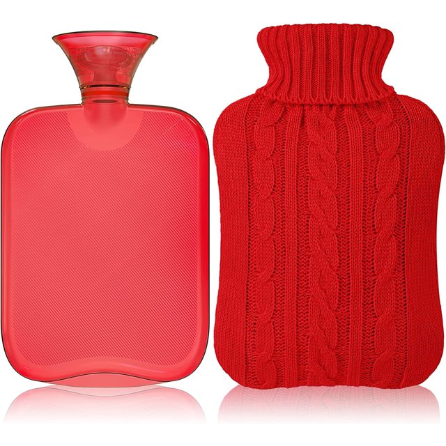 Botella de agua caliente de goma con tapa de punto, bolsa de agua caliente transparente de 2 litros - rojo