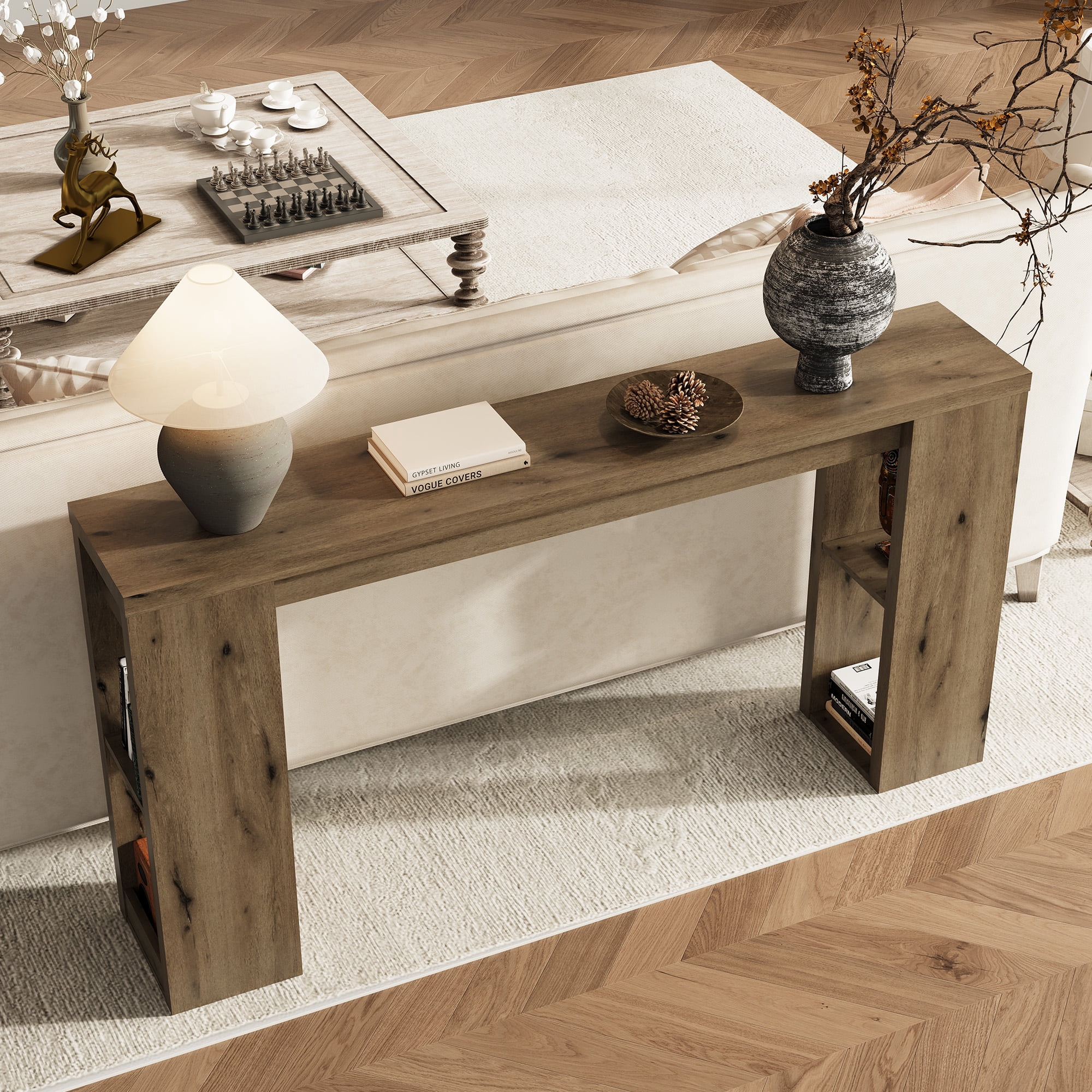Heynemo 63'' Long Console Table with Storage, 63" Long Farmhouse Sofa Table for Living Room, Narrow Entryway Table for Hallway, Entrance, Behind Couch, Natural Wood Finish