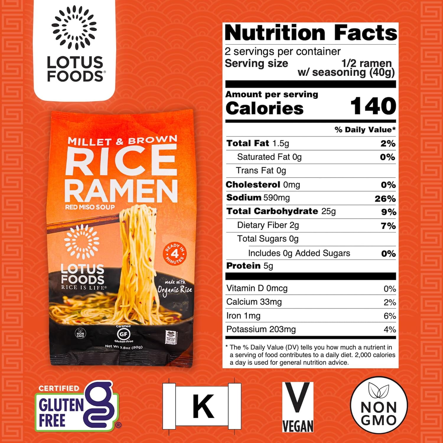 Lotus Foods Gluten-Free Millet & Brown Rice Ramen with Miso Soup, Organic 2.8 oz (Pack of 10)