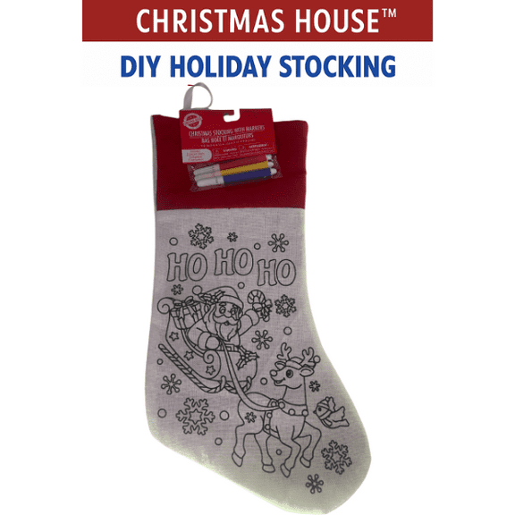 Christmas House DIY Holiday Stocking with Markers – Color Your Own Santa HO HO HO Design