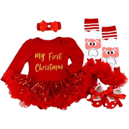 

SYNPOS Newborn Christmas Outfit 0-18m Babys First Christmas Outfit Infant Baby Girls Christmas Bodysuit Outfits Newborn Sequins Romper Tutu Dress+headband+leg Warmers+shoes Clothes
