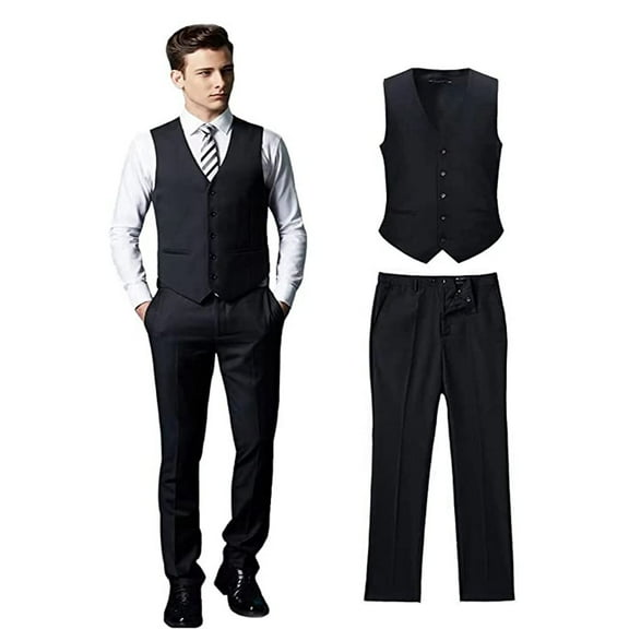 Wehilion 2 Pieces Men's Suits Vest Pants Set V-Neck Slim Fit Casual Waistcoat Suit,Black