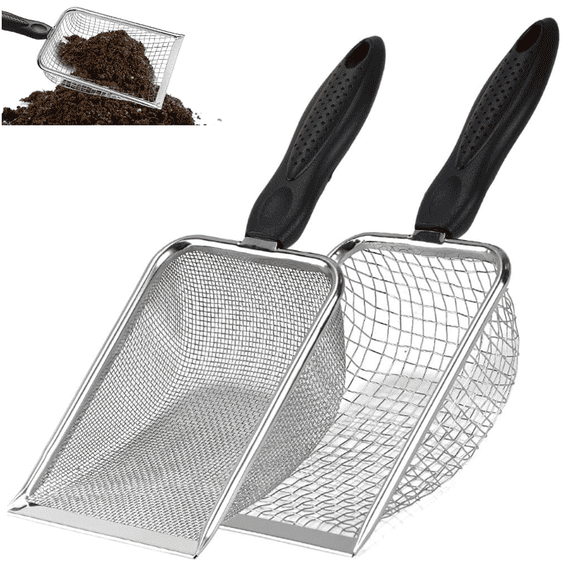 2Pcs Cat Litter Scoop Stainless Steel Mesh Scooper Long Handle Deep Shovel Non-Stick Coated Metal Litter Scoop for Litter Box Kitten Pooper Lifter