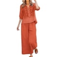 thumbnail image 5 of 3/4 Sleeve Embroidered Linen Set for Women, V-Neck Cotton Blend Top & Wide Leg Cropped Pants 2 Piece Outfit - Boho Summer Vacation Lounge Co-ord Set Saffron L, 5 of 8