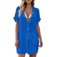 thumbnail image 3 of Pounoo Women's Cover Ups Button Front Short Sleeve Shirt Dresses Beach Vacation Style Lightweight Breathable Loose Fit Tops Gift, 3 of 7