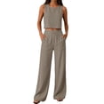 thumbnail image 3 of Linen Look Two Piece Set for Women, Sleeveless Crop Top & Wide Leg Pants with Pockets - Summer Casual Lounge Outfit Khaki XL, 3 of 7