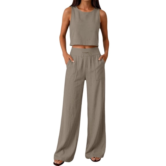 Textilo Two-Piece Set for Women Cotton-Linen Sleeveless Crew Neck Crop Top Drawstring Wide Leg Pants Elastic High Waisted Outfit Summer Travel Vacation Breathable Loose Outfits Tracksuit,Khaki S
