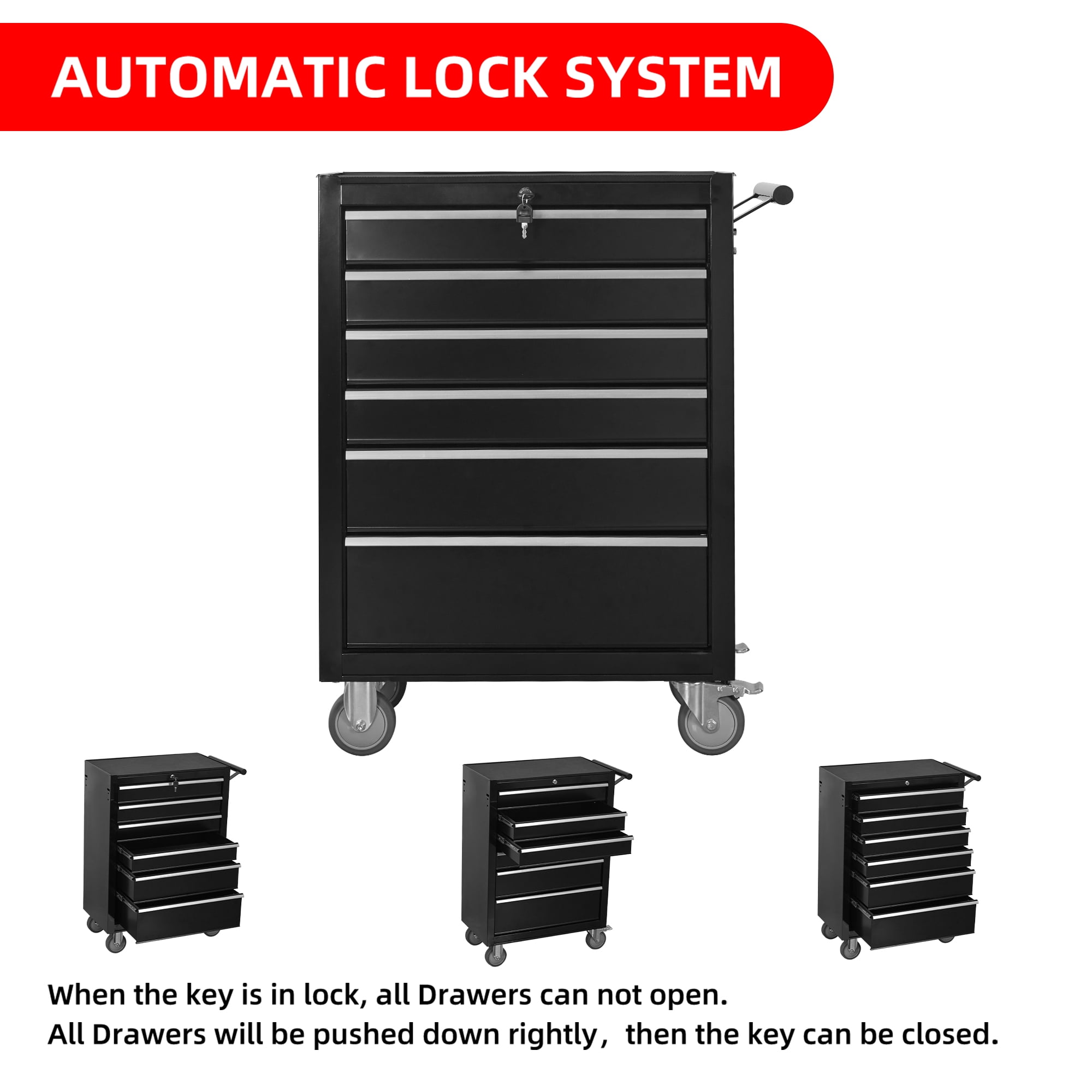 Leumius 6-Drawer Rolling Tool Chest Cabinet, Large Capacity Metal Tool Box with Wheels,Black