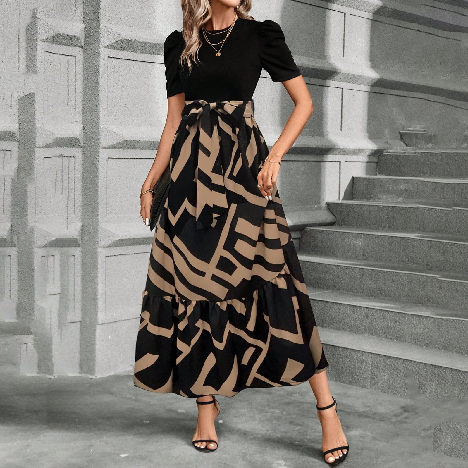 GXIPO Women's Trendy Wrap Maxi Dress 2025 Floral Print Ruffle Hem A Line Dress  Casual Short Sleeve Summer Outfit Brown 2XL - Walmart.com