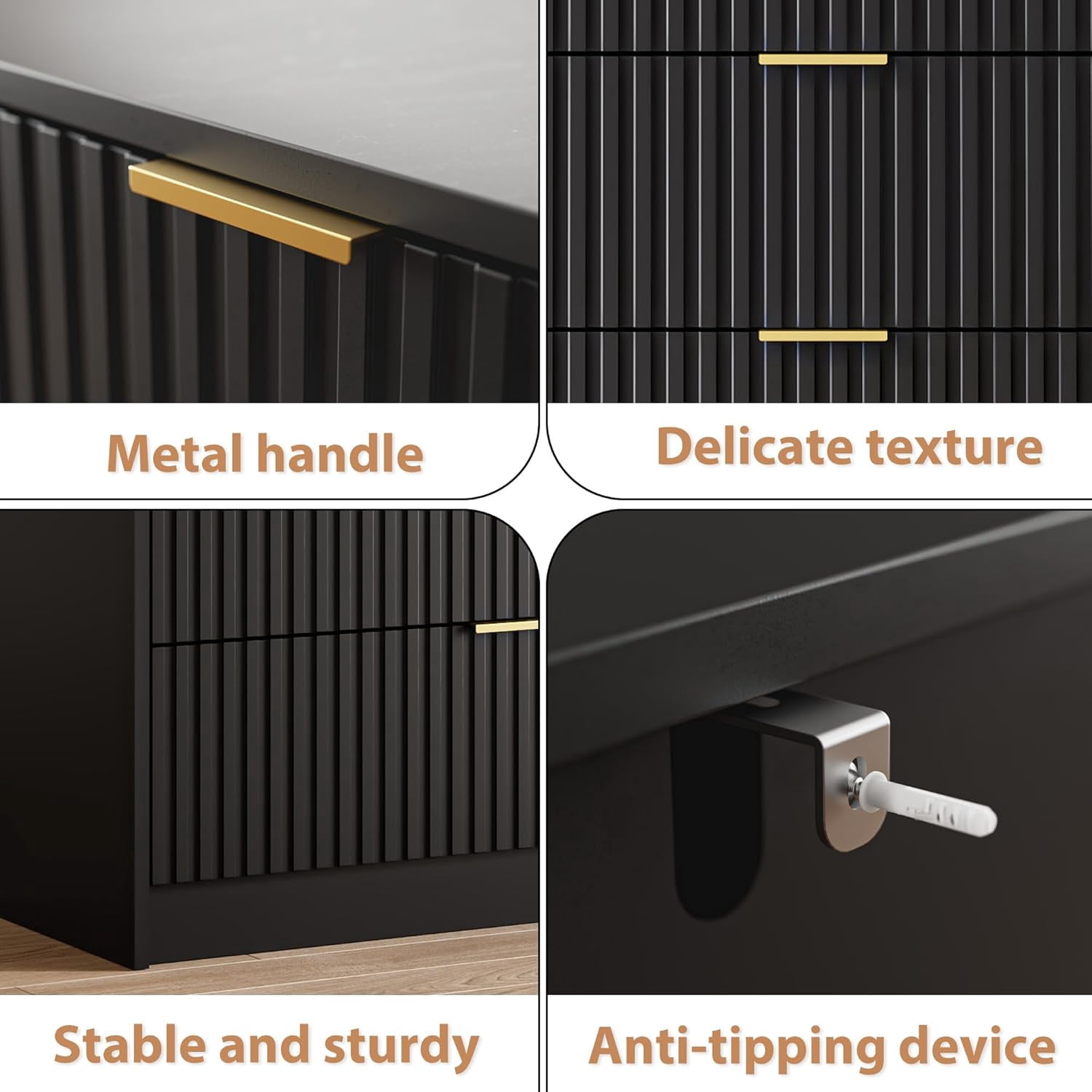 FURNIWAY Black 5 Drawer Dresser, 32 Inch Wide Chest with Gold Handles for Bedroom Living Room Office