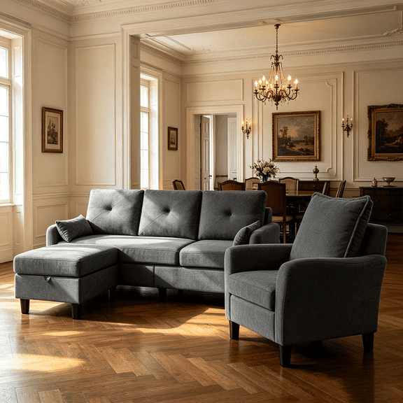 Soscana Living Room Furniture Set,Convertible Sectional Sofa with Storage Ottoman and Accent Chair,Modern Linen 4 Seat L Shaped Couch Sofa Set with Side Pocket for Living Room,Office,Apartment,Studio