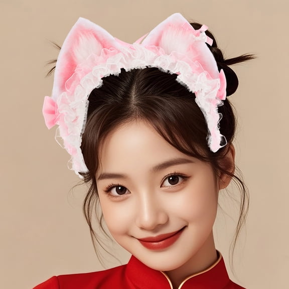 WRISTBIQUE Cute Pink Lace Cat Ears Headband for Women's Handmade Comfortable and Versatile Hair Accessory 1 Count