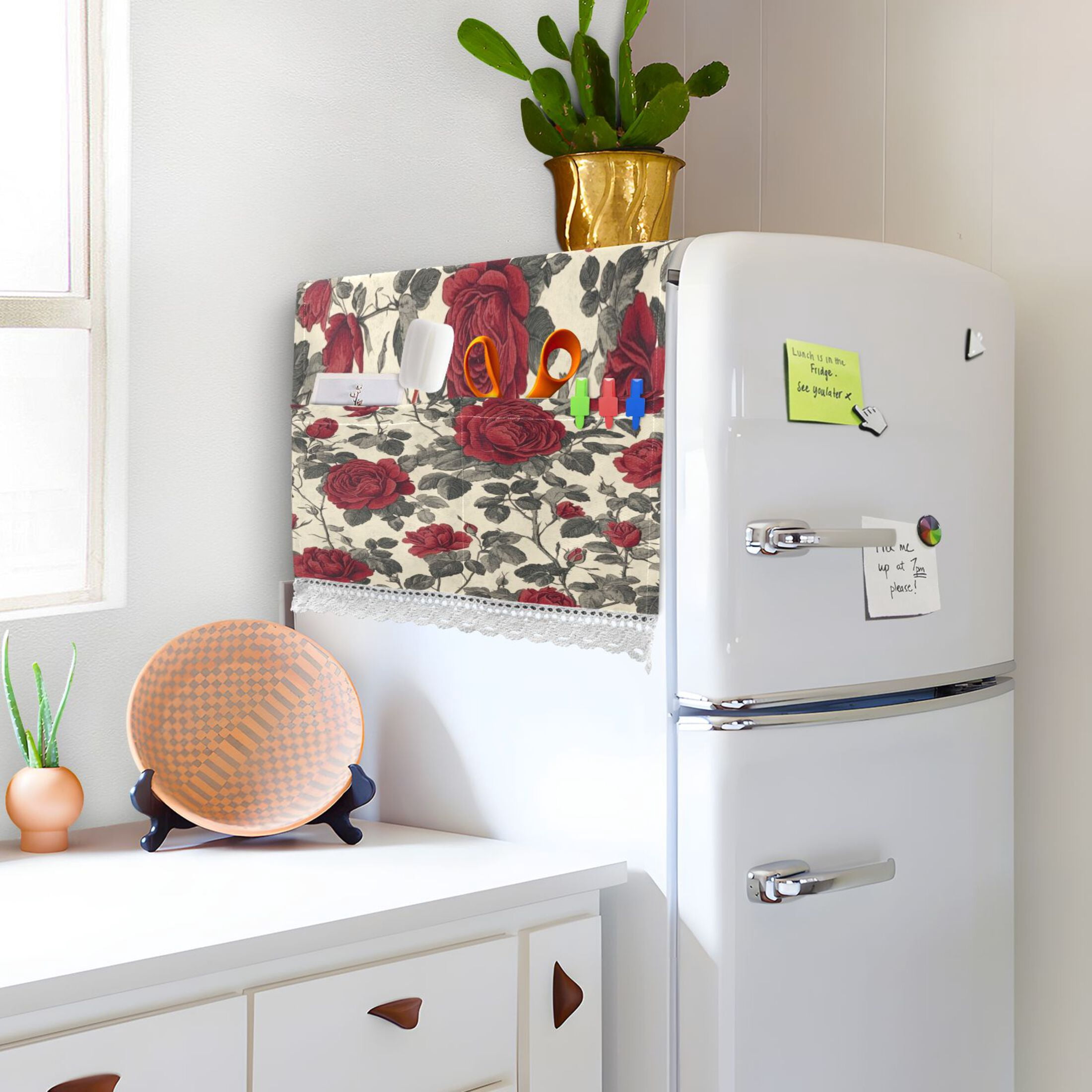 Red RoseWasher and Dryer Covers Dust-Proof and Oil Resistant Fridge Cover with 4 Storage Pockets Washing Machine Top Cover for Laundry Kitchen Home 51.2 x 22 In