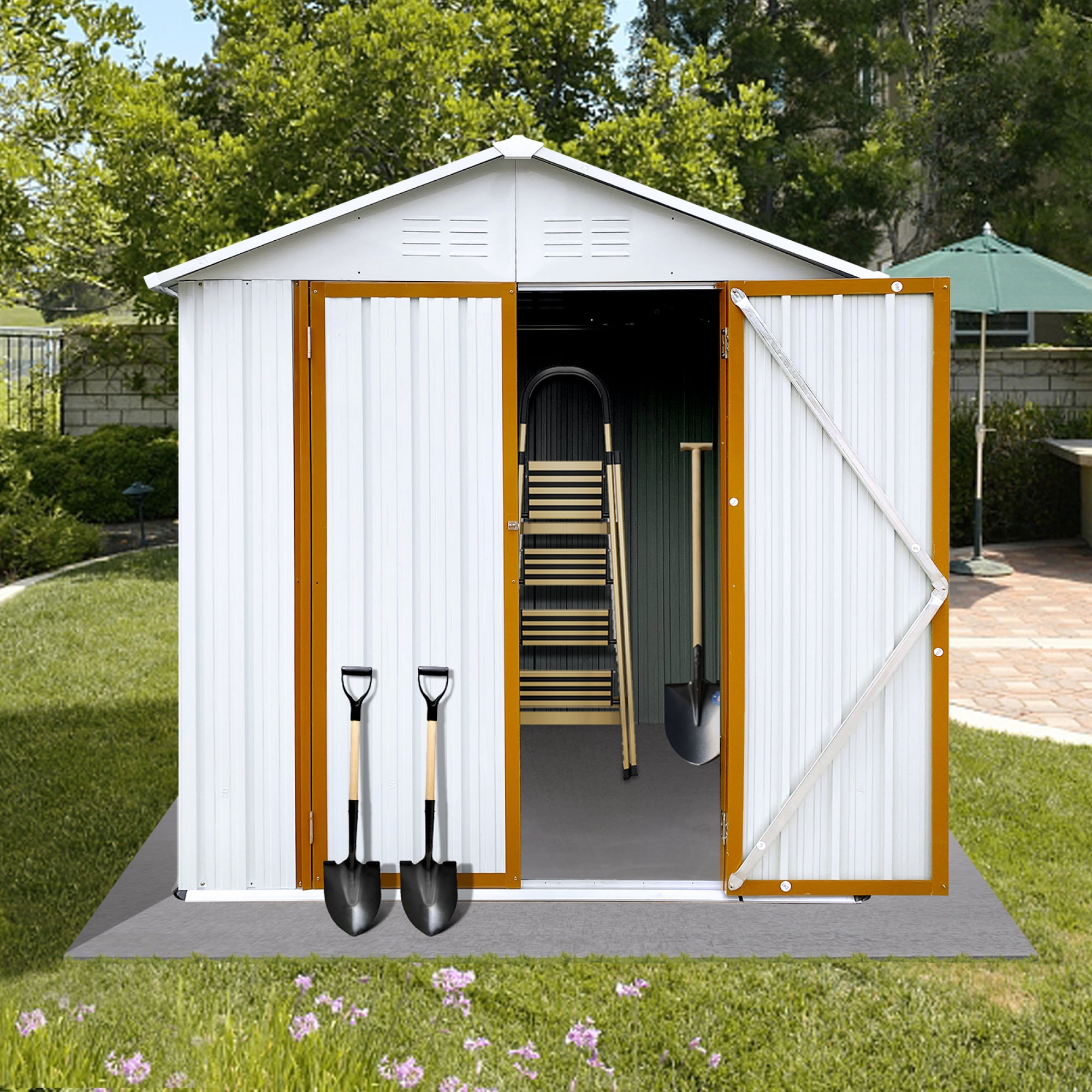 Outdoor Storage Garden Sheds 6FTx4FT Apex Roof Lockable Doors for Backyard White+Yellow