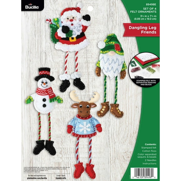 Bucilla Christmas Ornament Kit, Felt Applique, Dangling Leg Friends, Set of 4