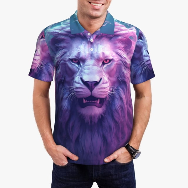 Fotbe Cool Lion Head Camiseta Polo de Golf para Hombre con Estampado – Camisa Deportiva Transpirable con Cuello Abotonado-3X-Large