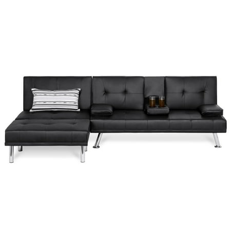 German Sectional Best Choice Products Faux Leather Upholstery 3-Piece Modular Modern Living Room Sofa Sectional Furniture Set with Convertible Double Futon Bed, Single-Seat Futon, and Footstool, Reclining Backrests ()