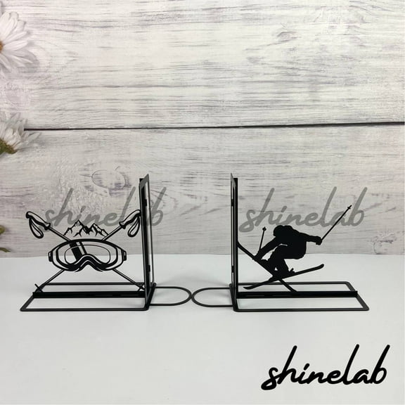 Shinelab Skiing Metal Bookends Metal Bookends Winter sports Name Bookend, Skiing Desk Bookshelf Decor 5252